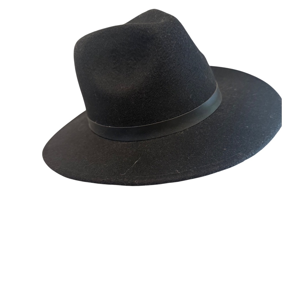 Womens Black Felt Fedora Hat‎ Wide Brim Band Detail